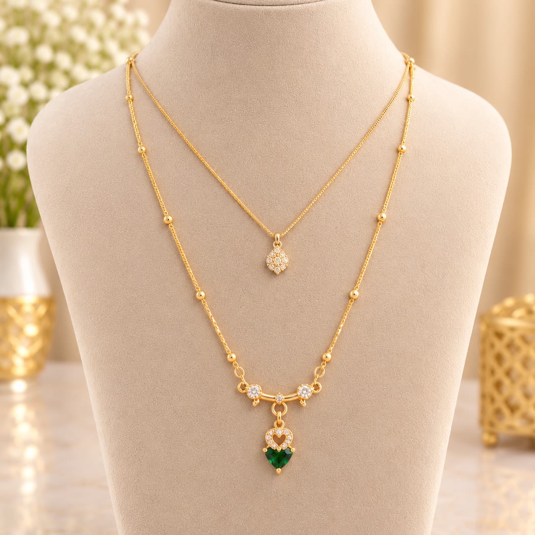 Gold Plated Double Layered Necklace with Green Stone Pendant