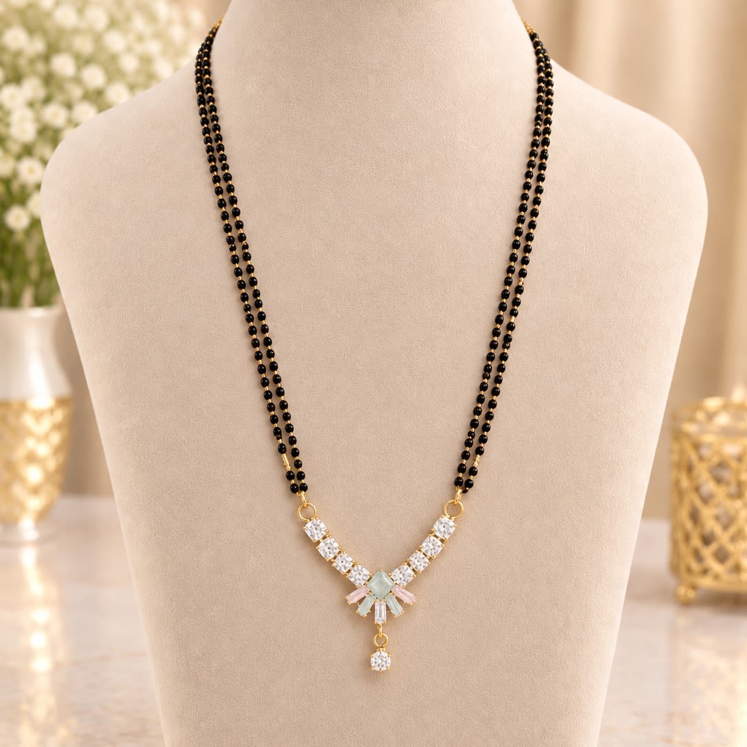 Elegant Gold Plated Dual Chain Mangalsutra with Pastel Stones