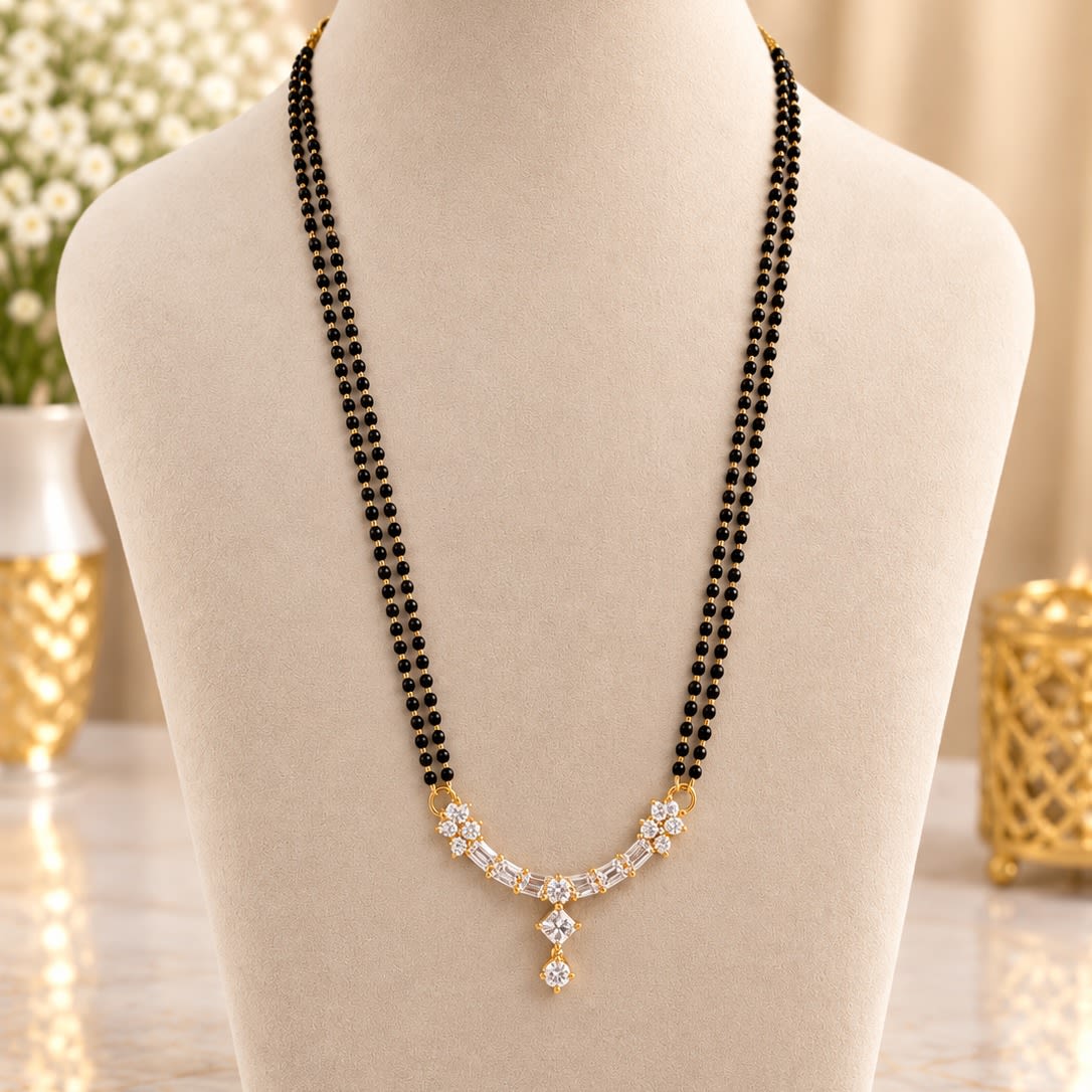 Elegant Double Strand Black Bead Mangalsutra with CZ Pendant