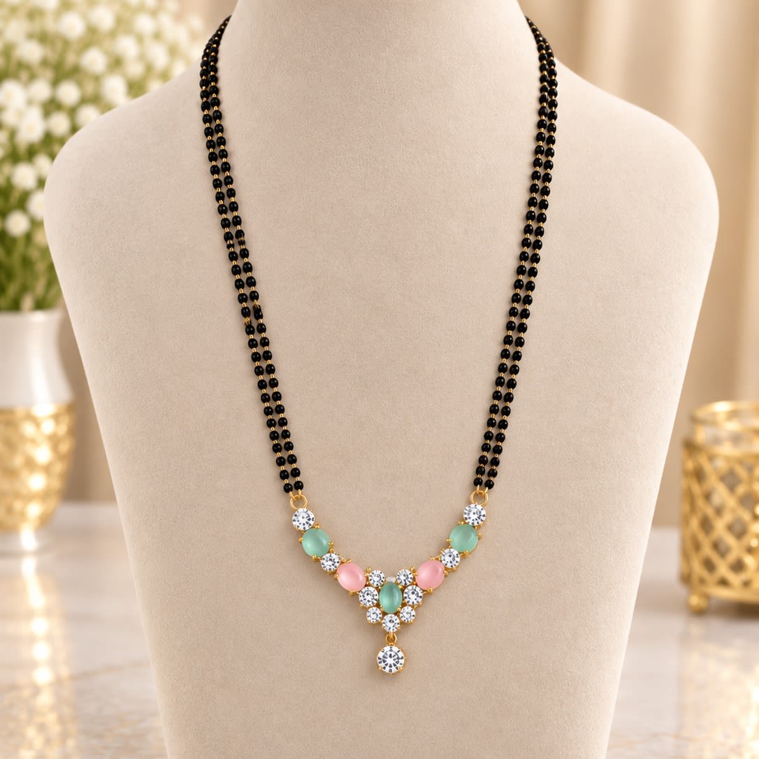 Gold Plated Dual Chain Mangalsutra with Pastel Stones and American Diamonds