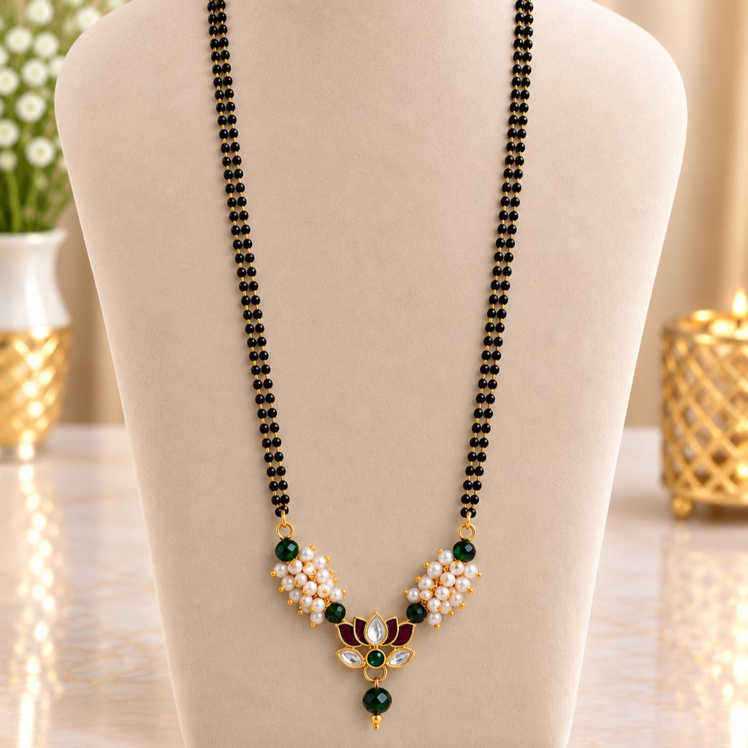 Traditional Dual Chain Mangalsutra with Pearl and Gemstone Pendant