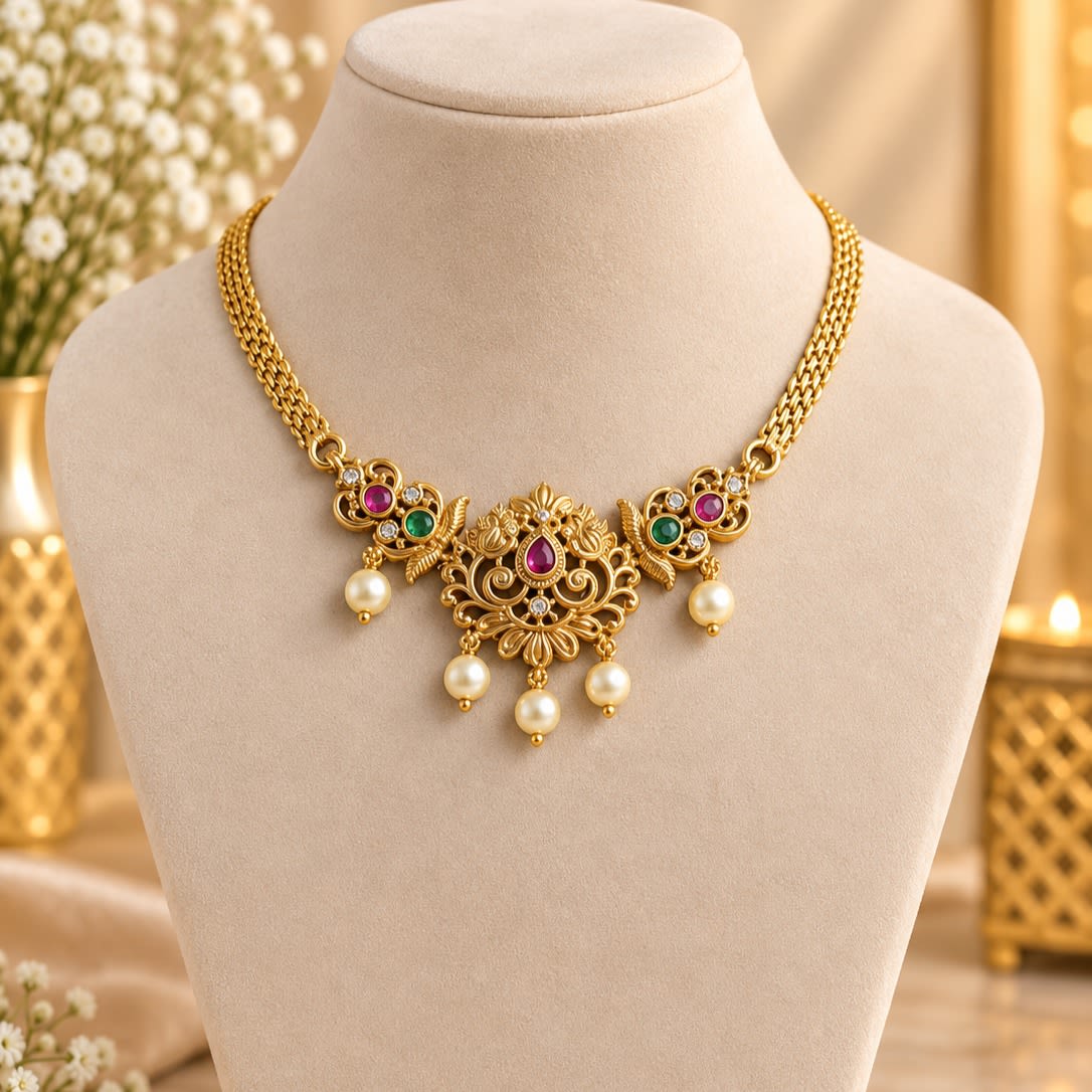 Exquisite Gold Plated Temple Necklace with Multi-color Stones and Pearls