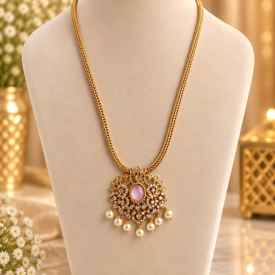 Gold-Plated Traditional Long Necklace with Pink Stone and Pearls