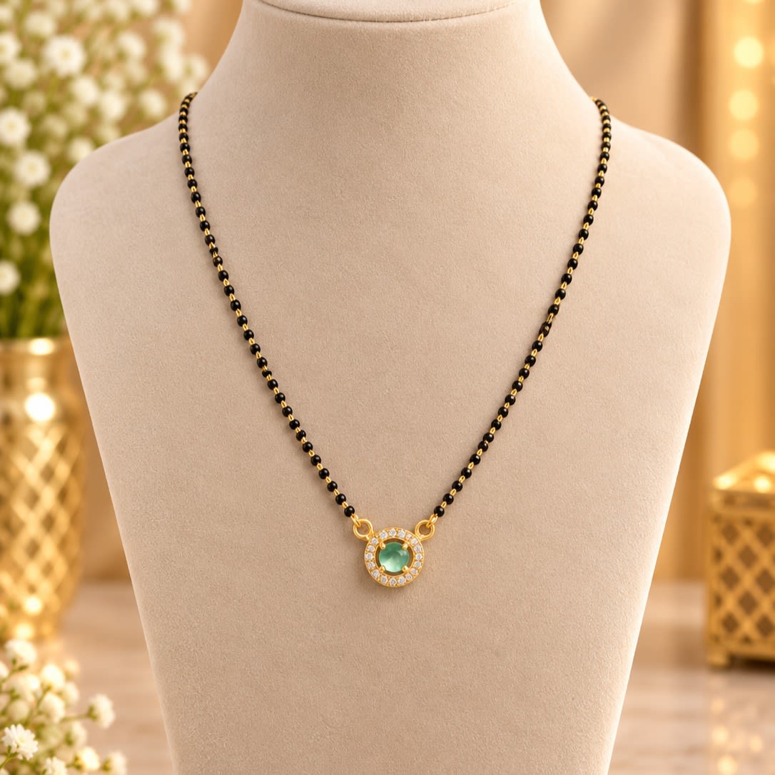 Elegant Gold Plated Green Stone Mangalsutra with Black Beads Chain