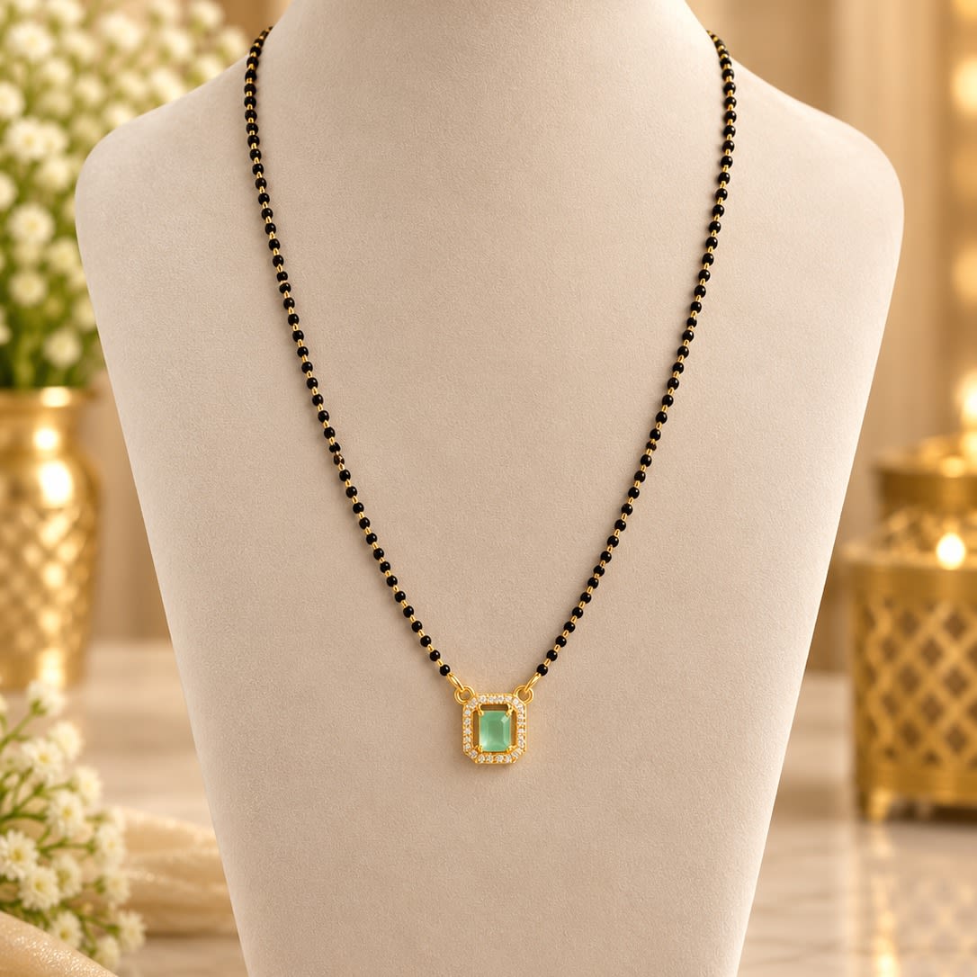 Elegant Gold Plated Green Stone Mangalsutra with American Diamonds
