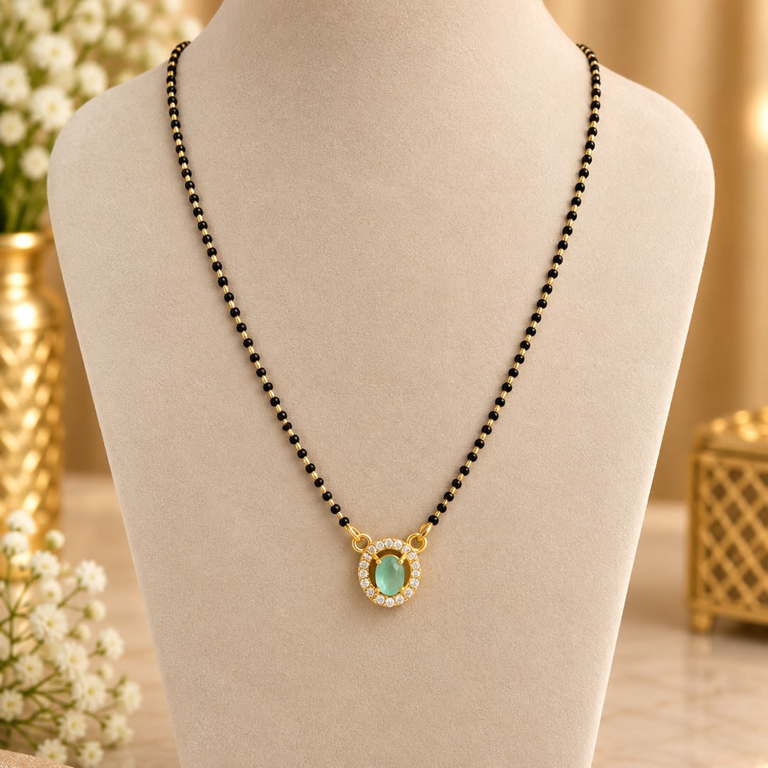 Elegant Gold-Plated Black Beaded Mangalsutra with Mint Green Stone Pendant