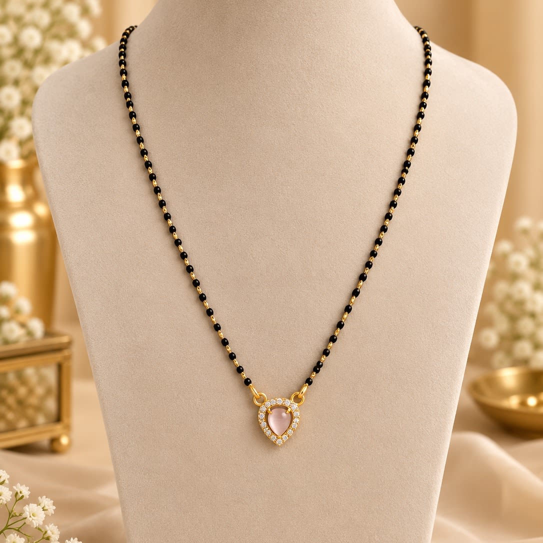 Gold Plated Black Beaded Mangalsutra with Heart Pendant