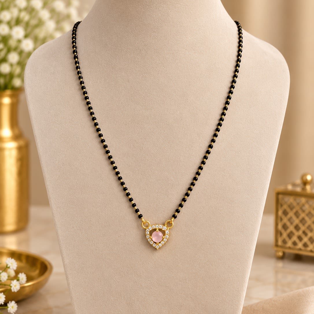 Elegant Gold Plated Heart Pendant Mangalsutra with Pink Stone