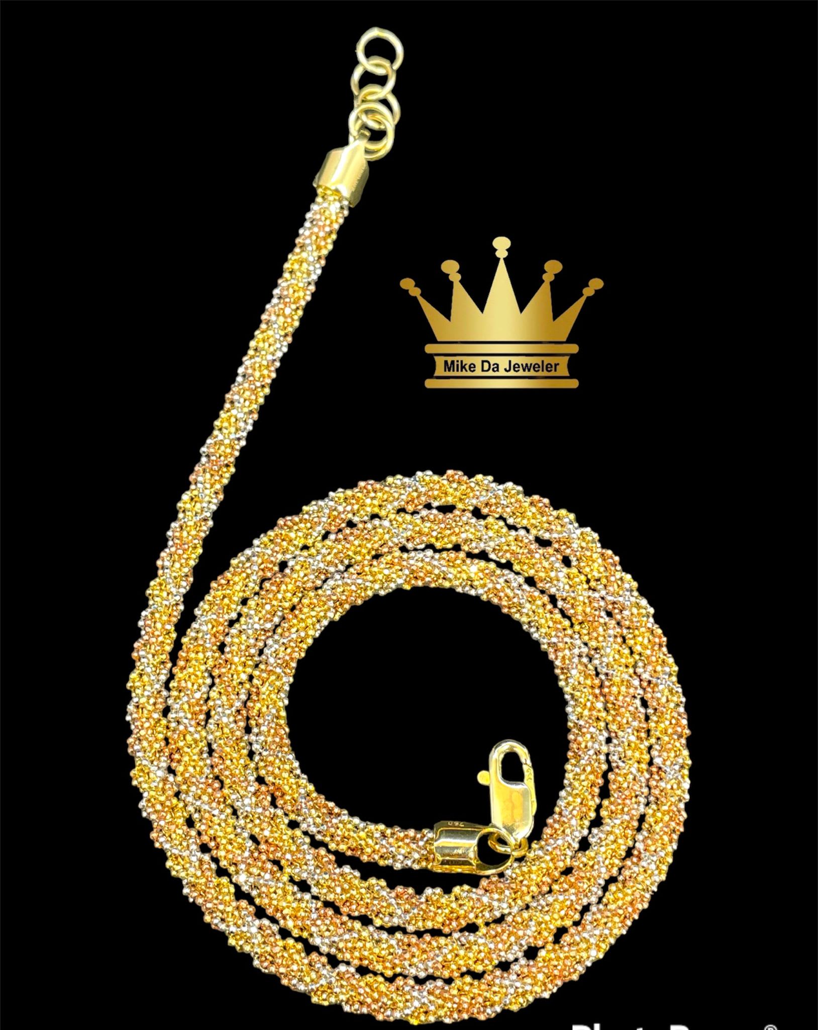 18k Solid Tri-Color Gold Handmade Popcorn Chain