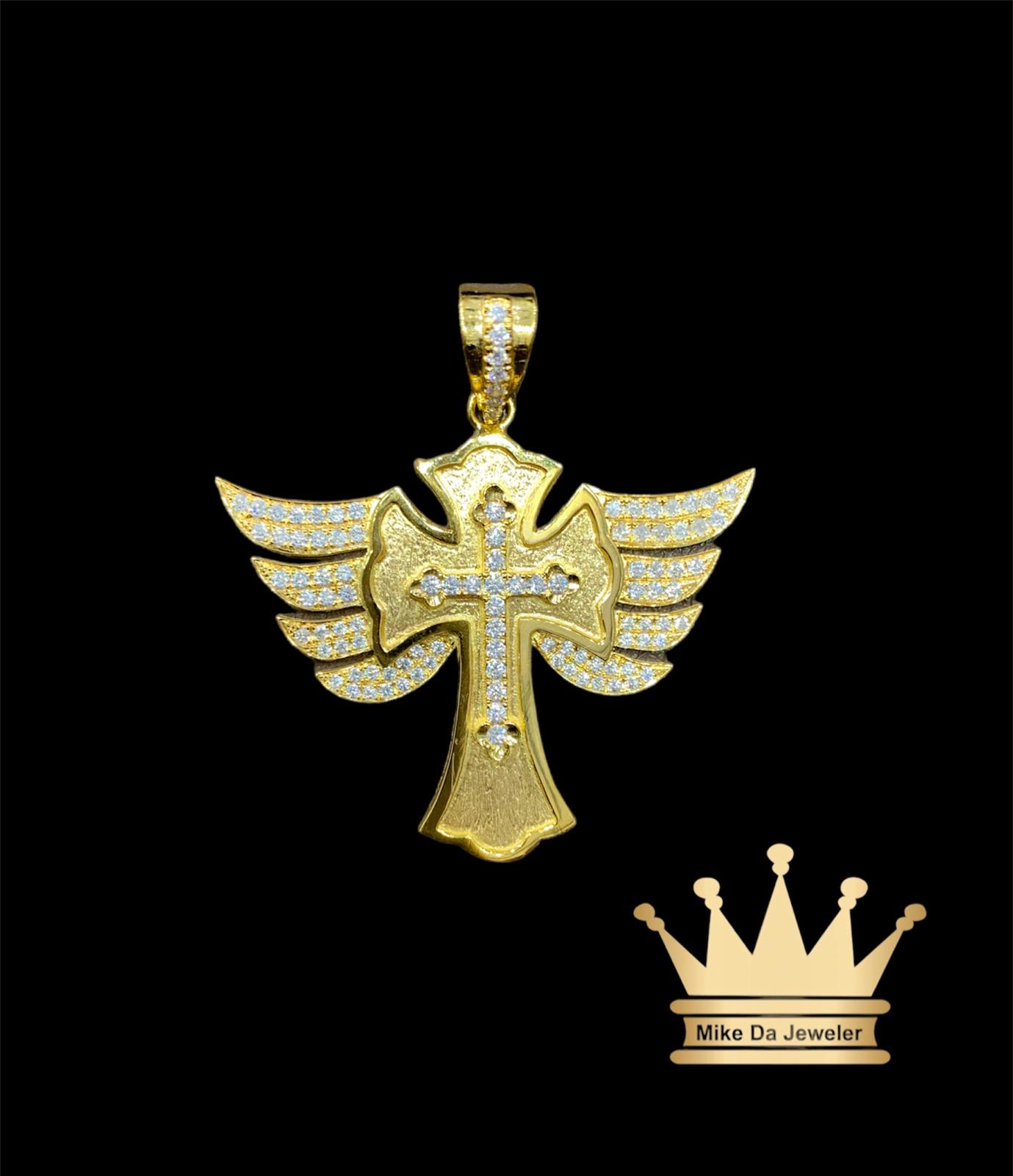 18K Solid Gold Handmade Wings Cross Pendant with Moissanite