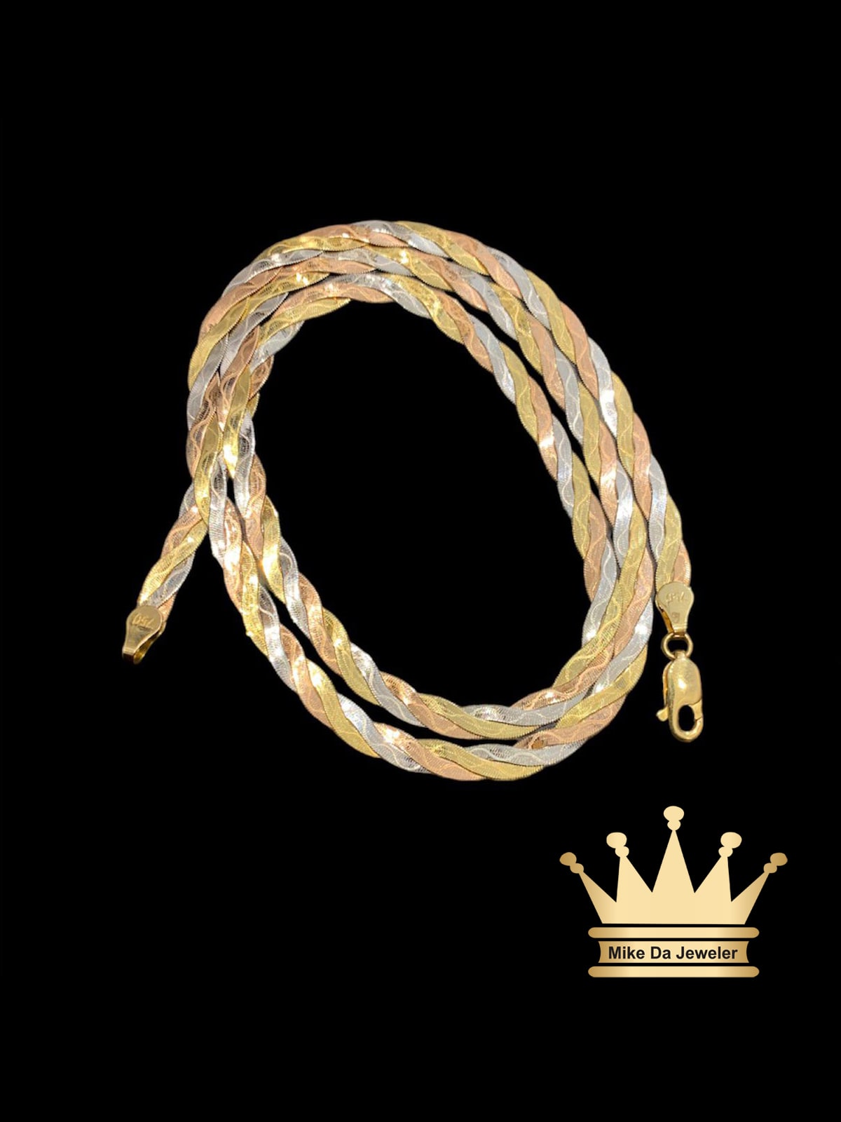 18 Karat Tricolor Gold Twisted Herringbone Chain