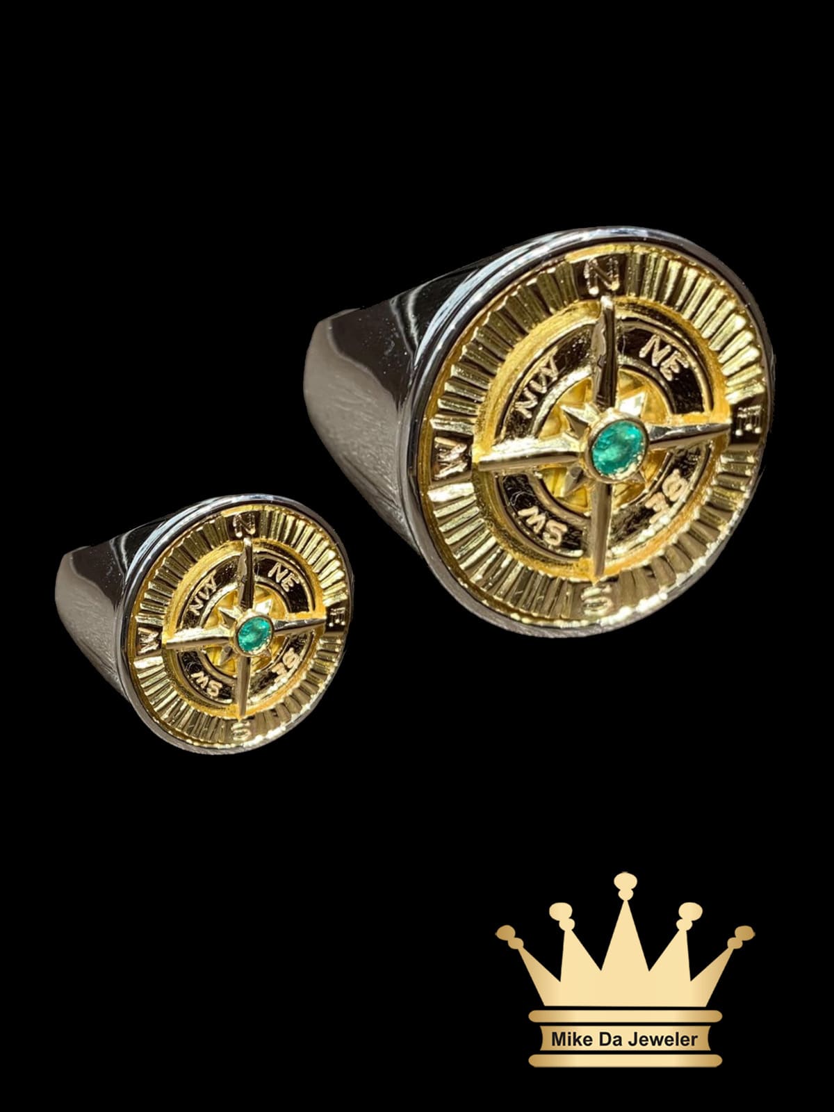 18K Two-Tone Handmade Compass Ring with Natural Green Emerald