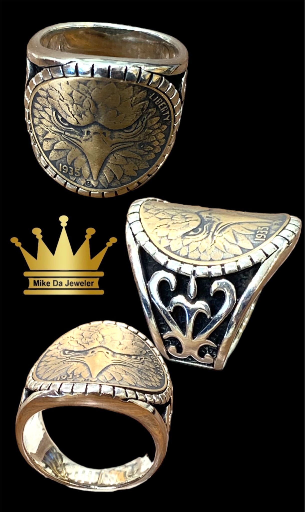 925 Sterling Silver Two Tone Liberty 1935 Eagle Ring