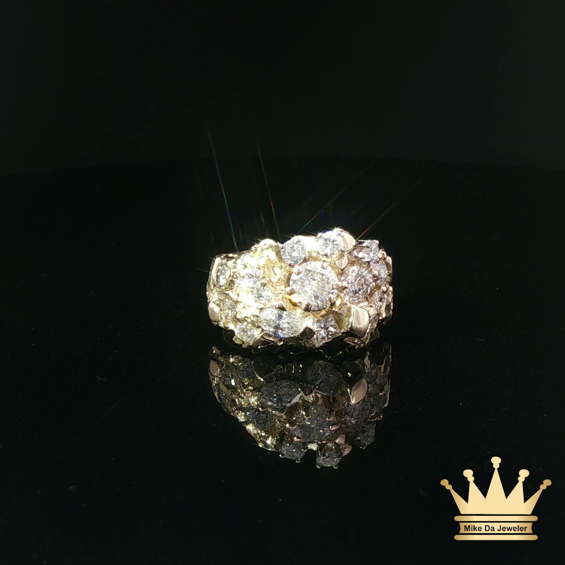 18K Textured Yellow Gold Diamond Cluster Ring