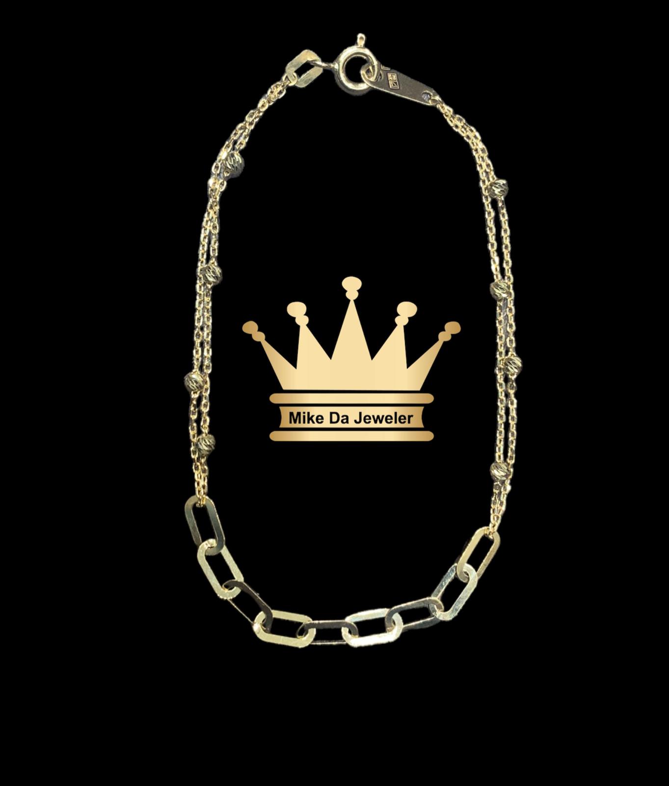 18k Light Weight Paper Clip Link with Beads Bracelet
