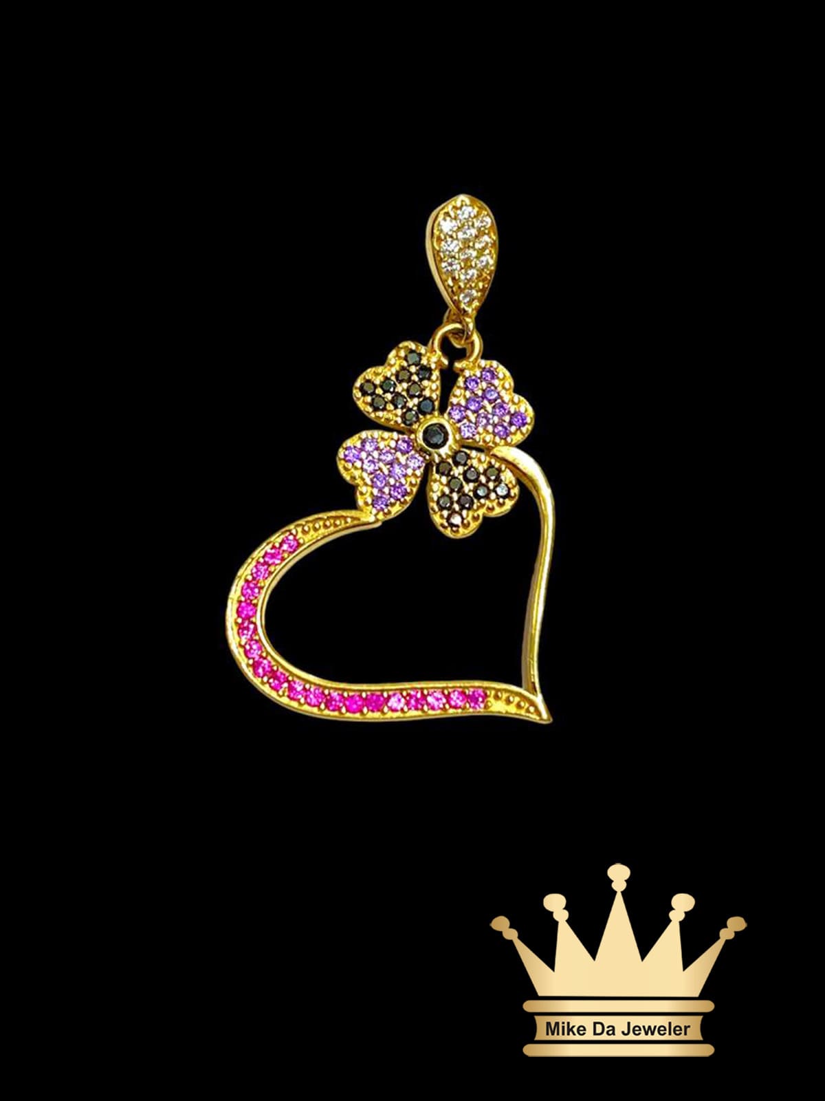 18K Gold Clover Heart Charm Pendant with Synthetic Stone