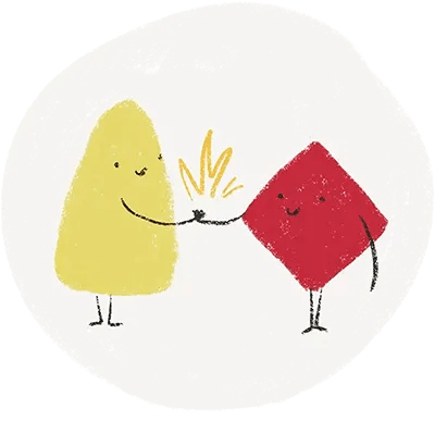 Two shapes a yellow triangle and a red diamond fist bumping