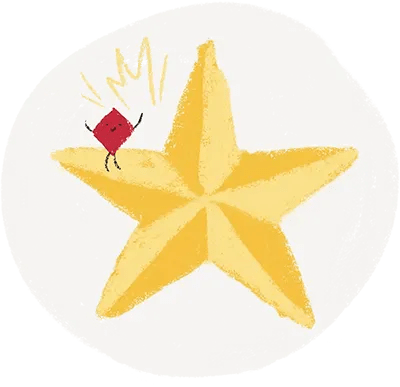 A red diamond shape standing on a yellow star