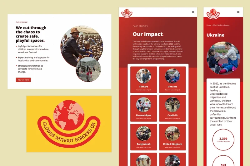 Clowns Without Borders UK website mockups
