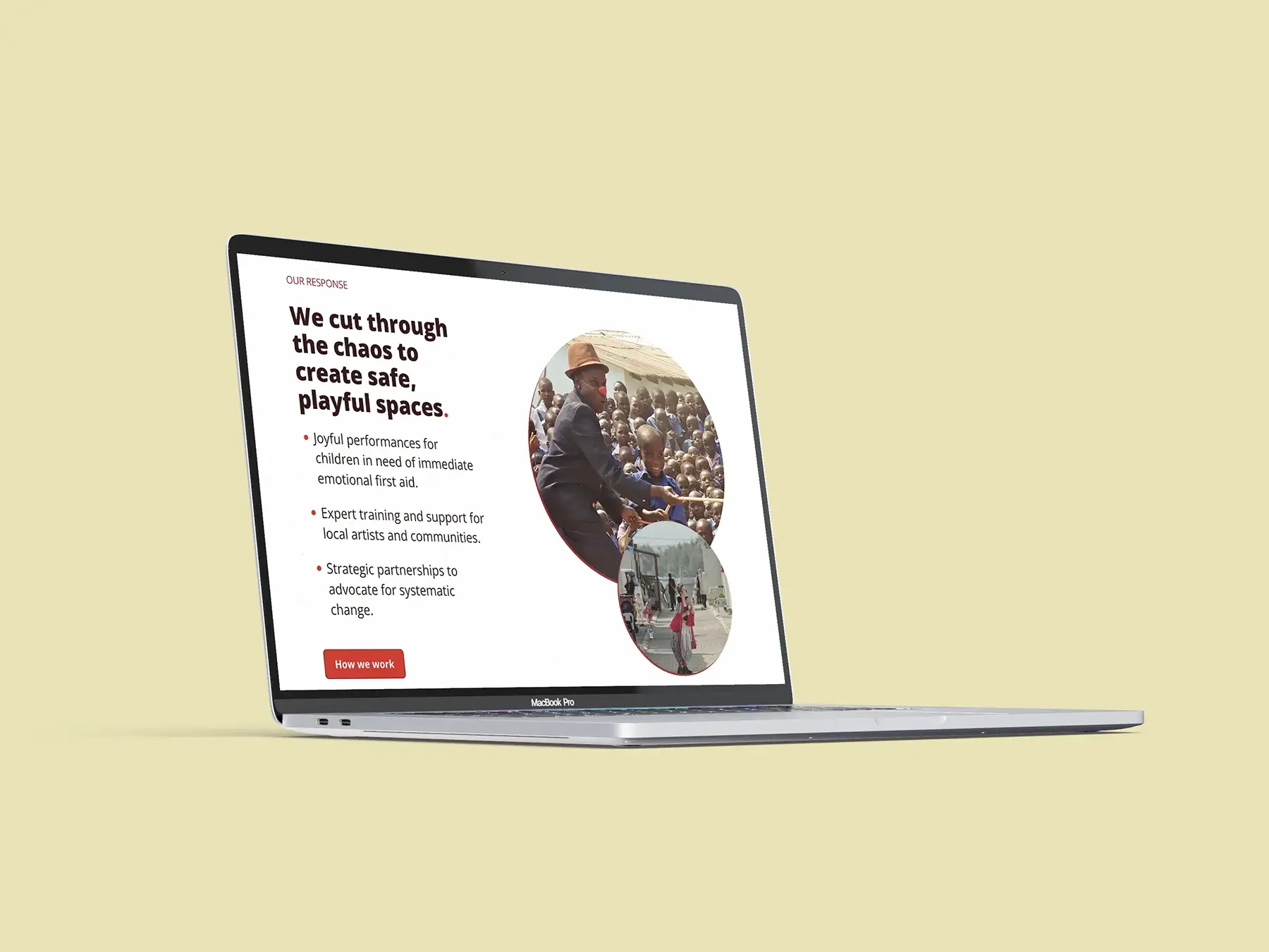 A part of the Clowns Without Borders website detailing how they respond shown on a Macbook Pro 16 inch
