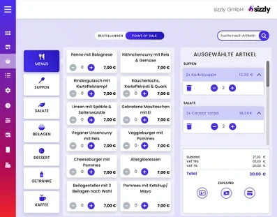 screenshot of sizzly catering app showing POS feature