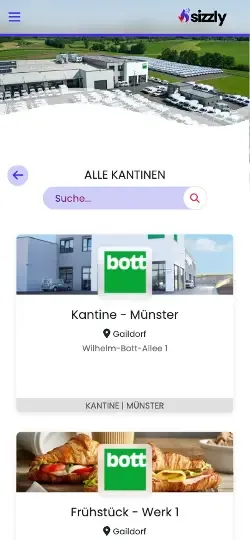 screenshot of sizzly ordering app showing different shops of bott