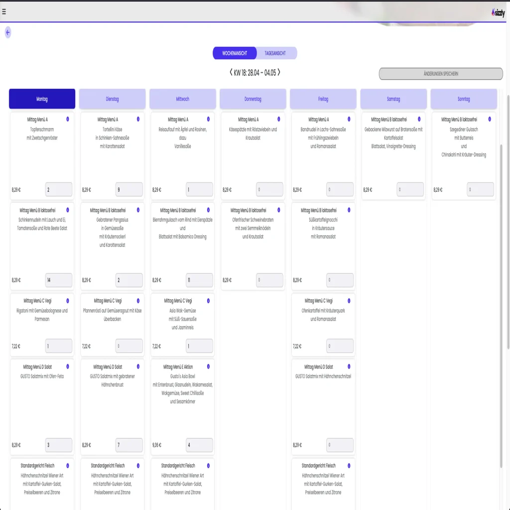 screenshot of ordering app showing weekly menu overview
