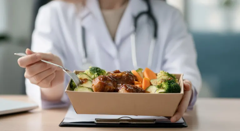 doctor eating food from takeaway container