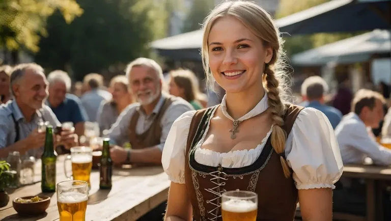 german woman in dirndl with beer in beergarden