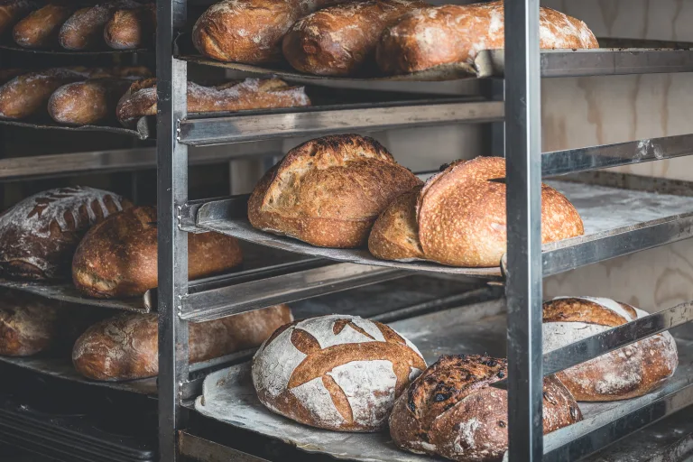 image of bread on trays in bakery