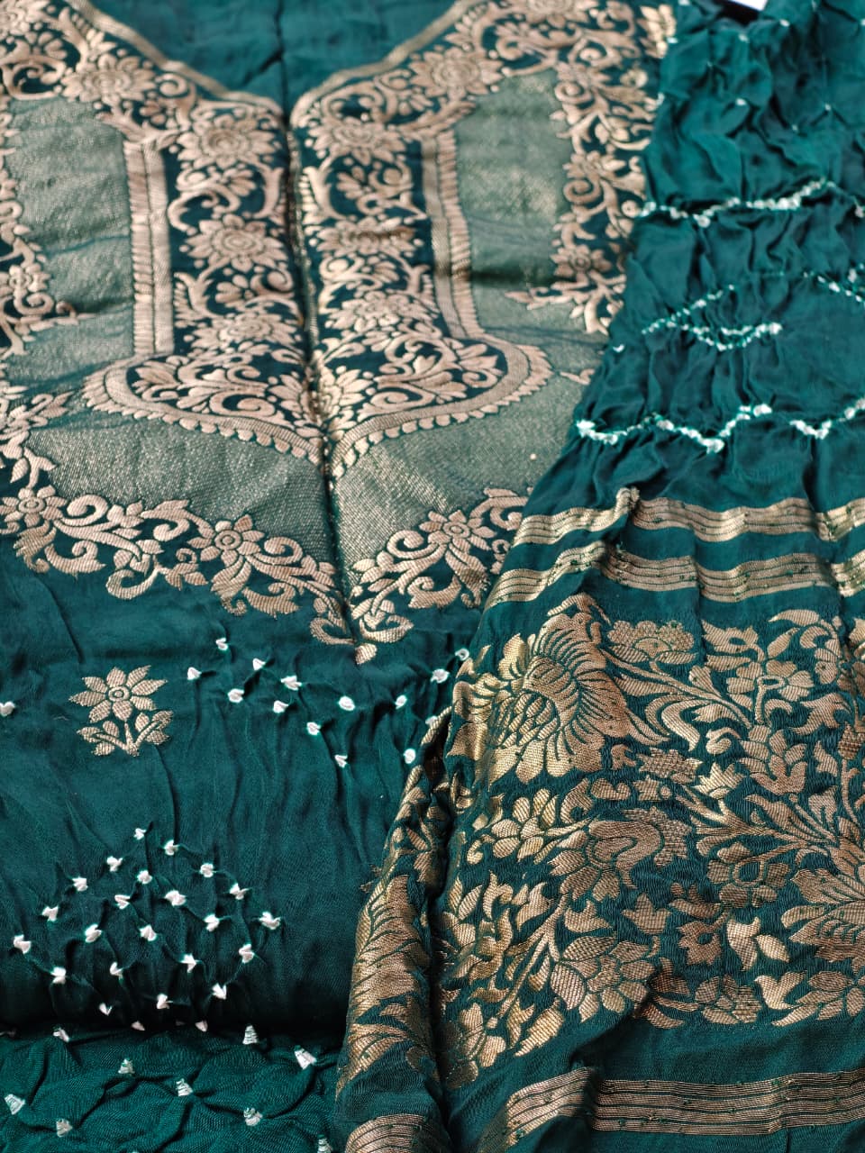 Modal Bandhej Zari Unstitched Suit Set – Emerald Green