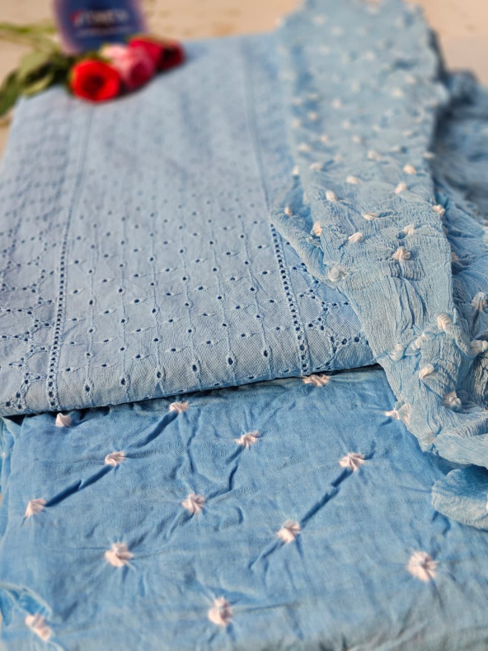 Pure Cotton Bandhej Cutwork Unstitched 3 Piece Kurta Set – Powder Blue