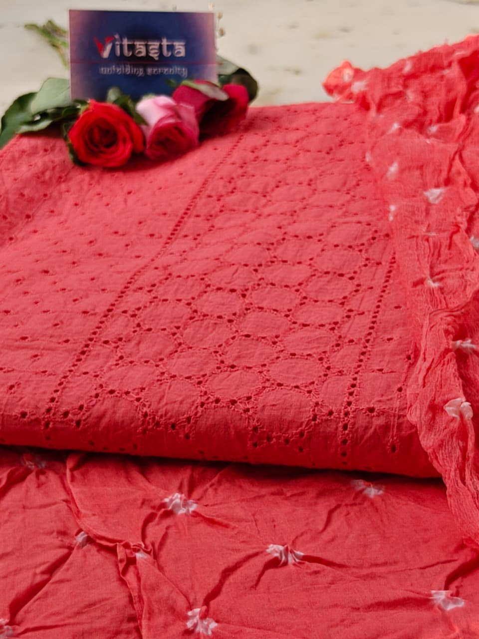 Pure Cotton Bandhej Cutwork Unstitched 3 Piece Kurta Set – Coral Red