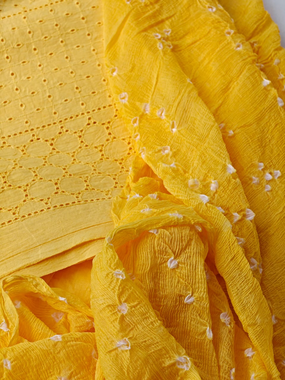 Pure Cotton Bandhej Cutwork Unstitched 3 Piece Kurta Set – Sunshine Yellow