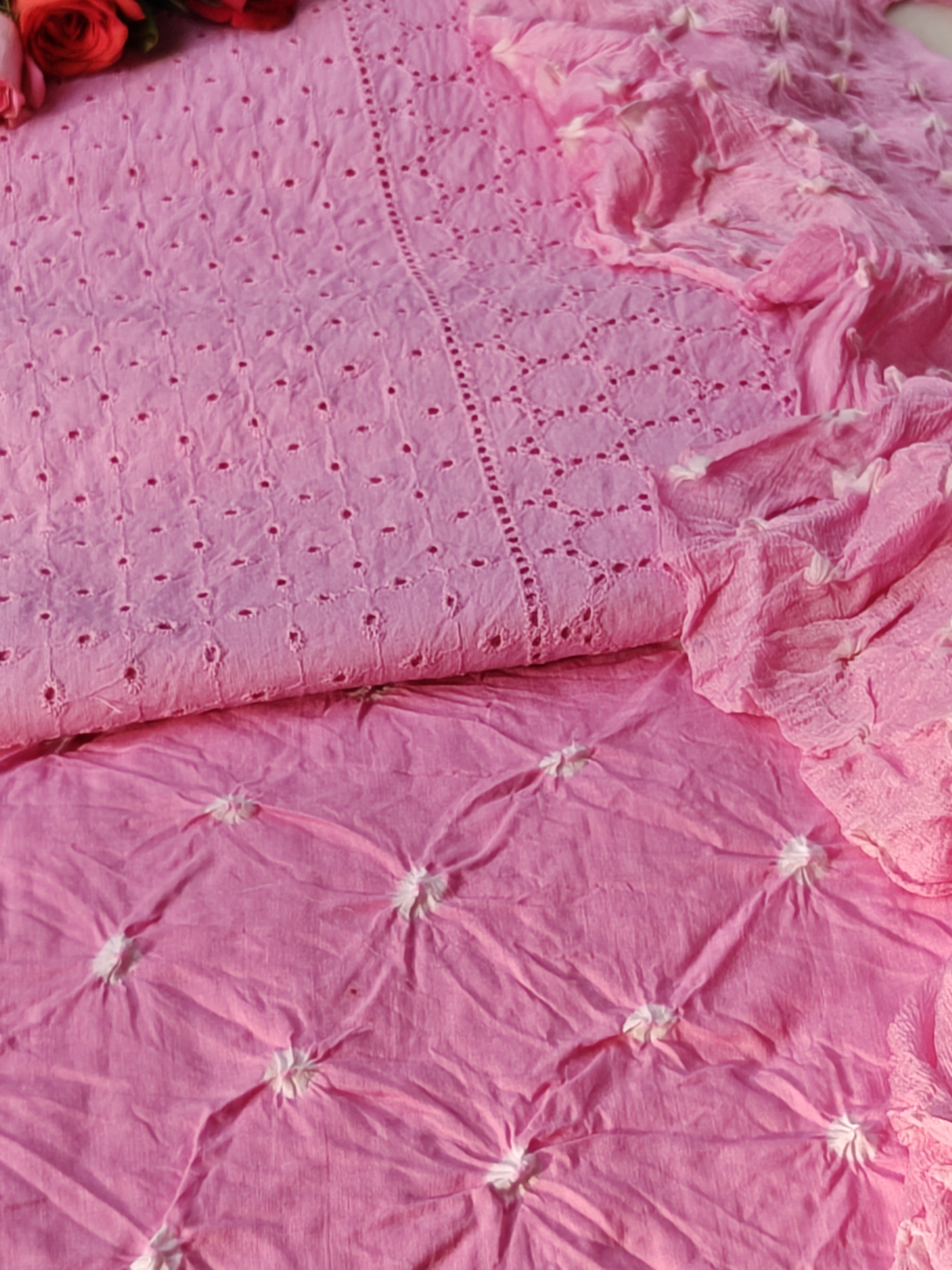 Pure Cotton Bandhej Cutwork Unstitched 3 Piece Kurta Set – Blush Pink