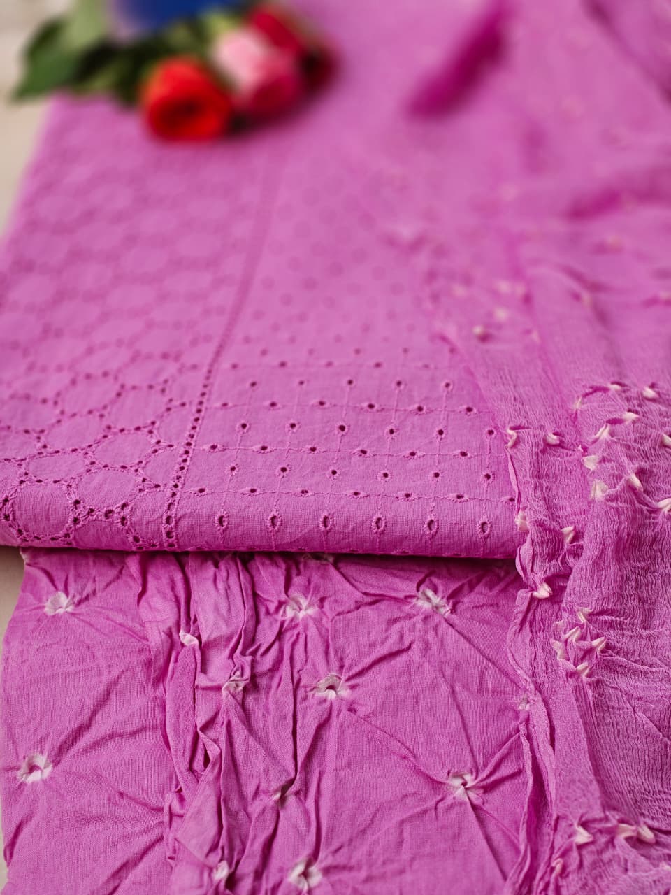 Pure Cotton Bandhej Cutwork Unstitched 3 Piece Kurta Set – Rose Pink