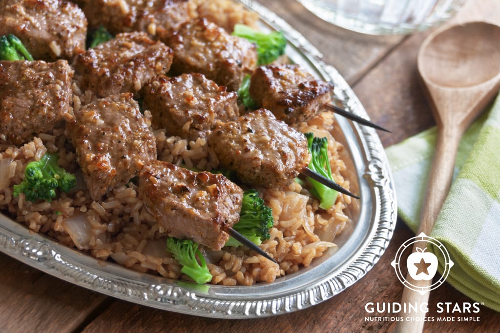 Beef Kebabs with Broccoli Pilaf