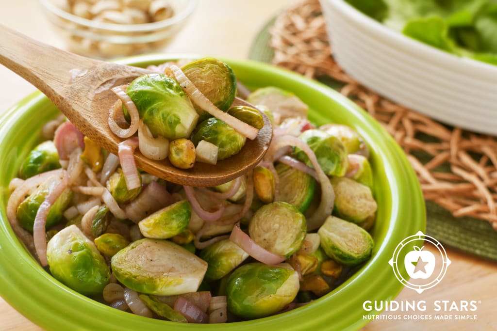 Roasted Bressels Sprouts with Pistachio and Cipollini Onion