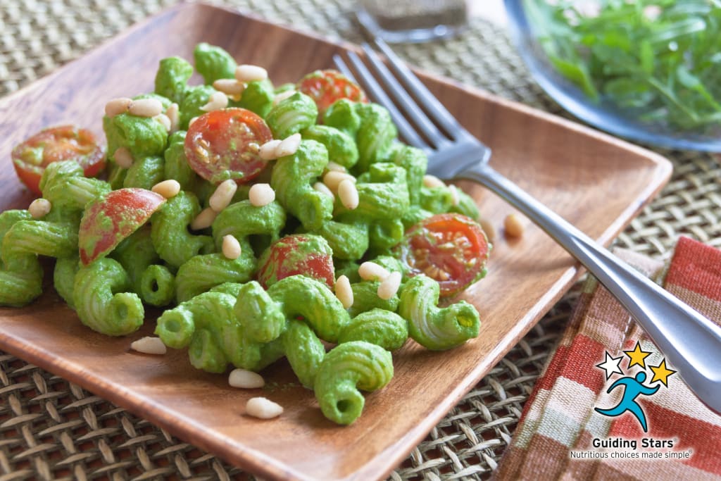 Arugula Pesto Cavatappi with Cherry Tomatoes
