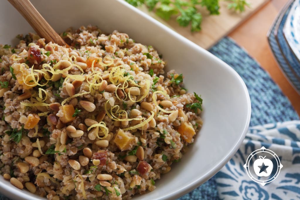 Red Lentil Salad with Dried Fruit & Toasted Pine Nuts