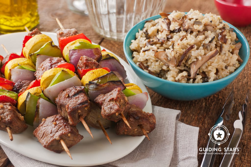 Dijon Wine Steak Kebabs with Mushroom Wild Rice
