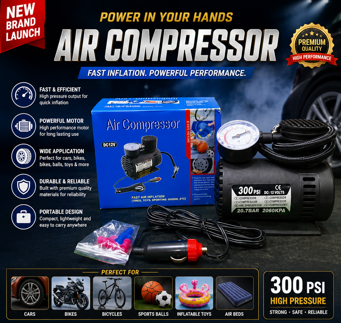Portable Car Tyre Inflator with Pressure Gauge 300 PSI DC 12V Air Compressor ( Imported ) — Buy Online at Best Price in Pakistan on FlipcartPK