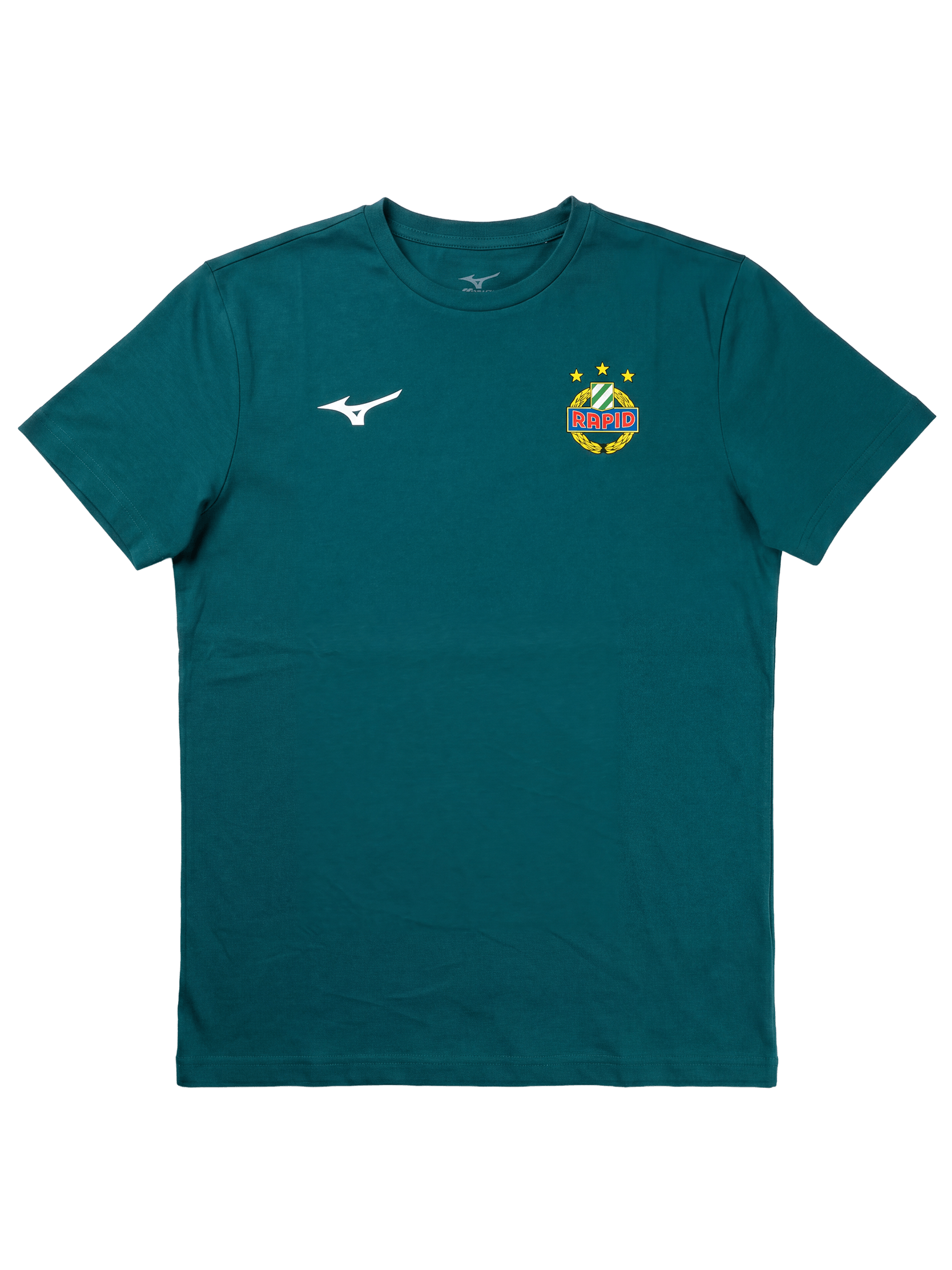 Petrolfarbenes Mizuno T-Shirt mit Rapid-Wappen und weißem Brustlogo.
