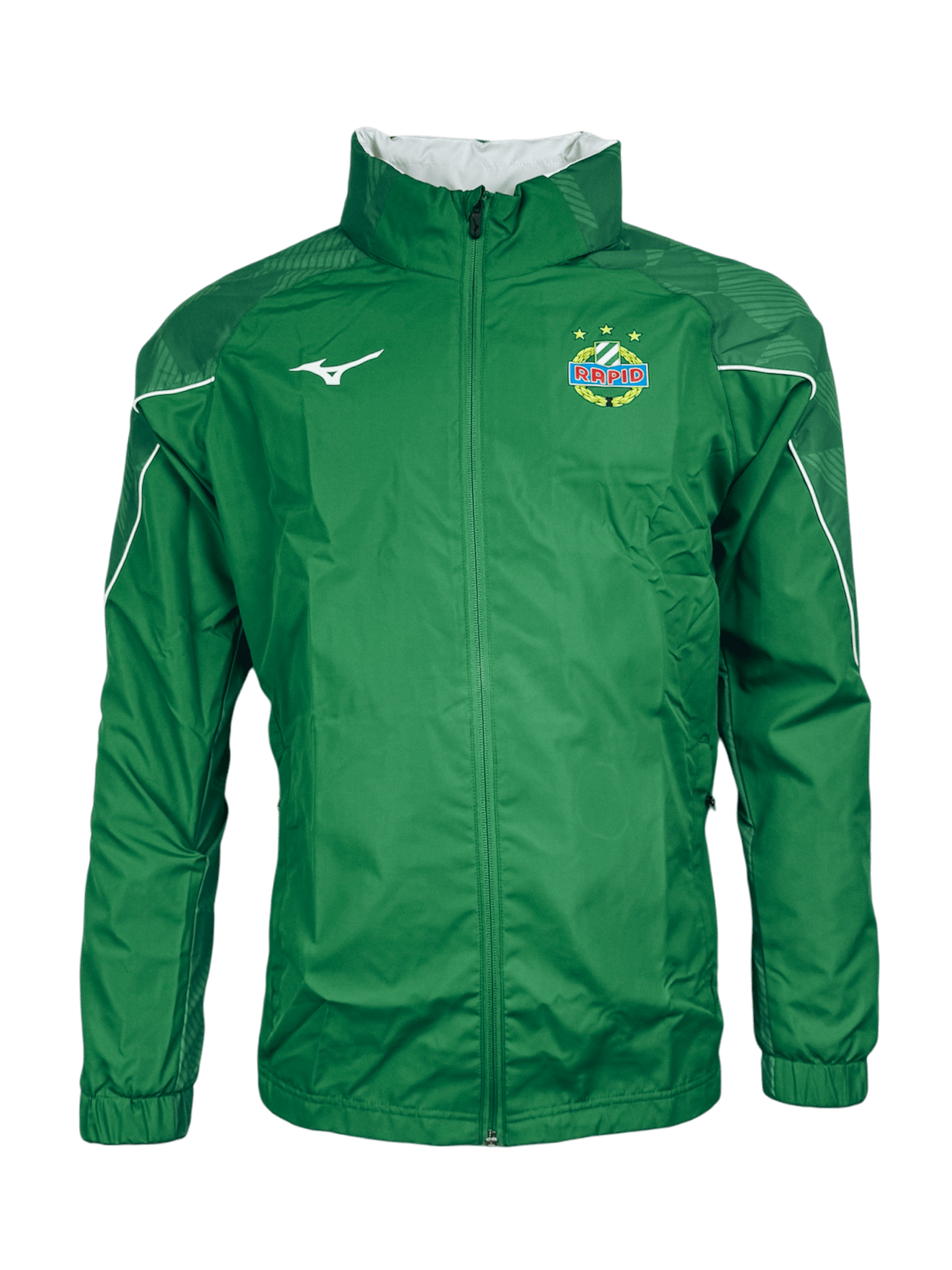 Grüne SK Rapid Regenjacke von Mizuno mit Full-Zip, hohem Kragen und Vereinswappen.