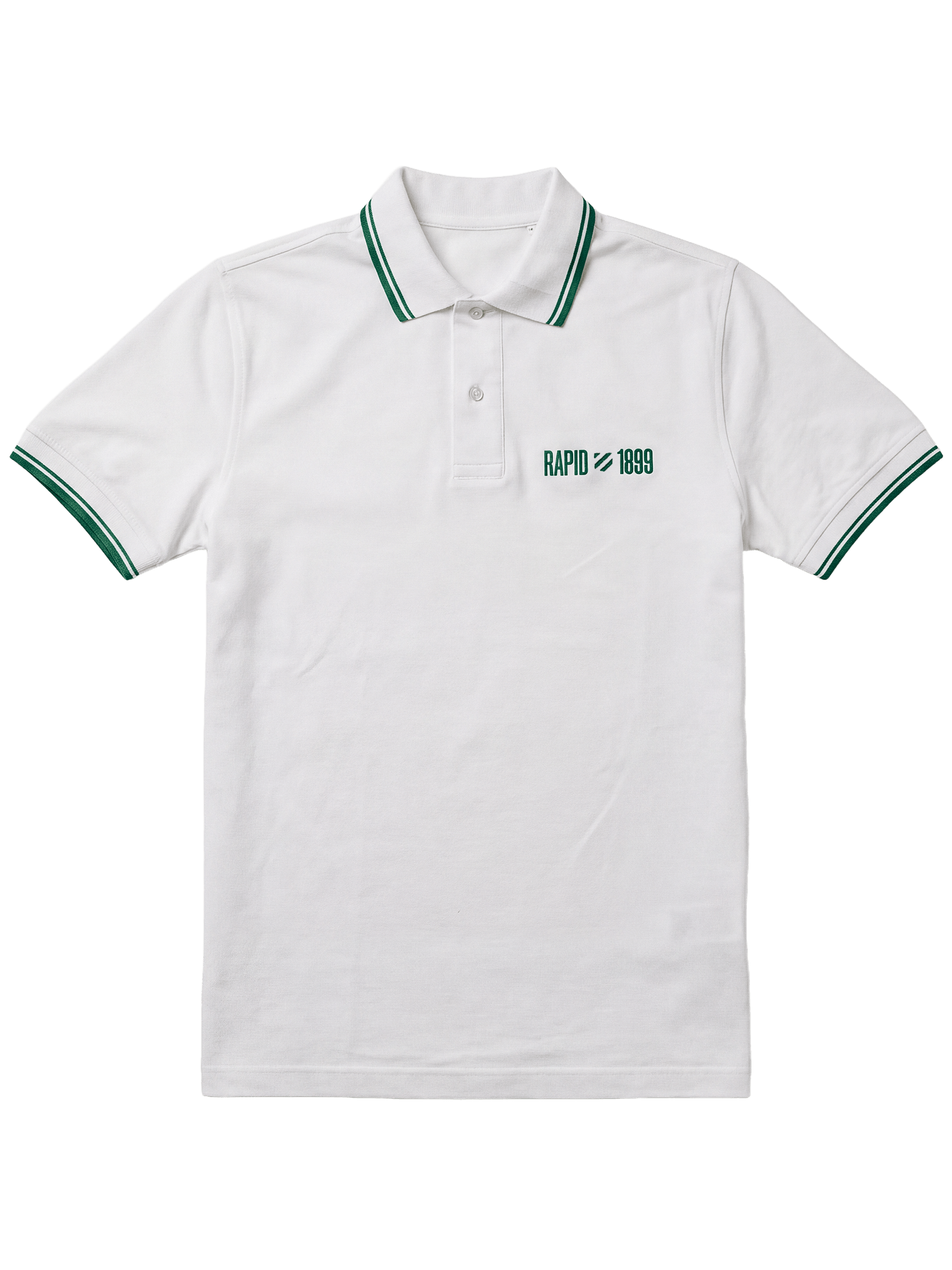 Weißes SK Rapid Poloshirt mit RAPID 1899 Stickerei und grünen Kontraststreifen.