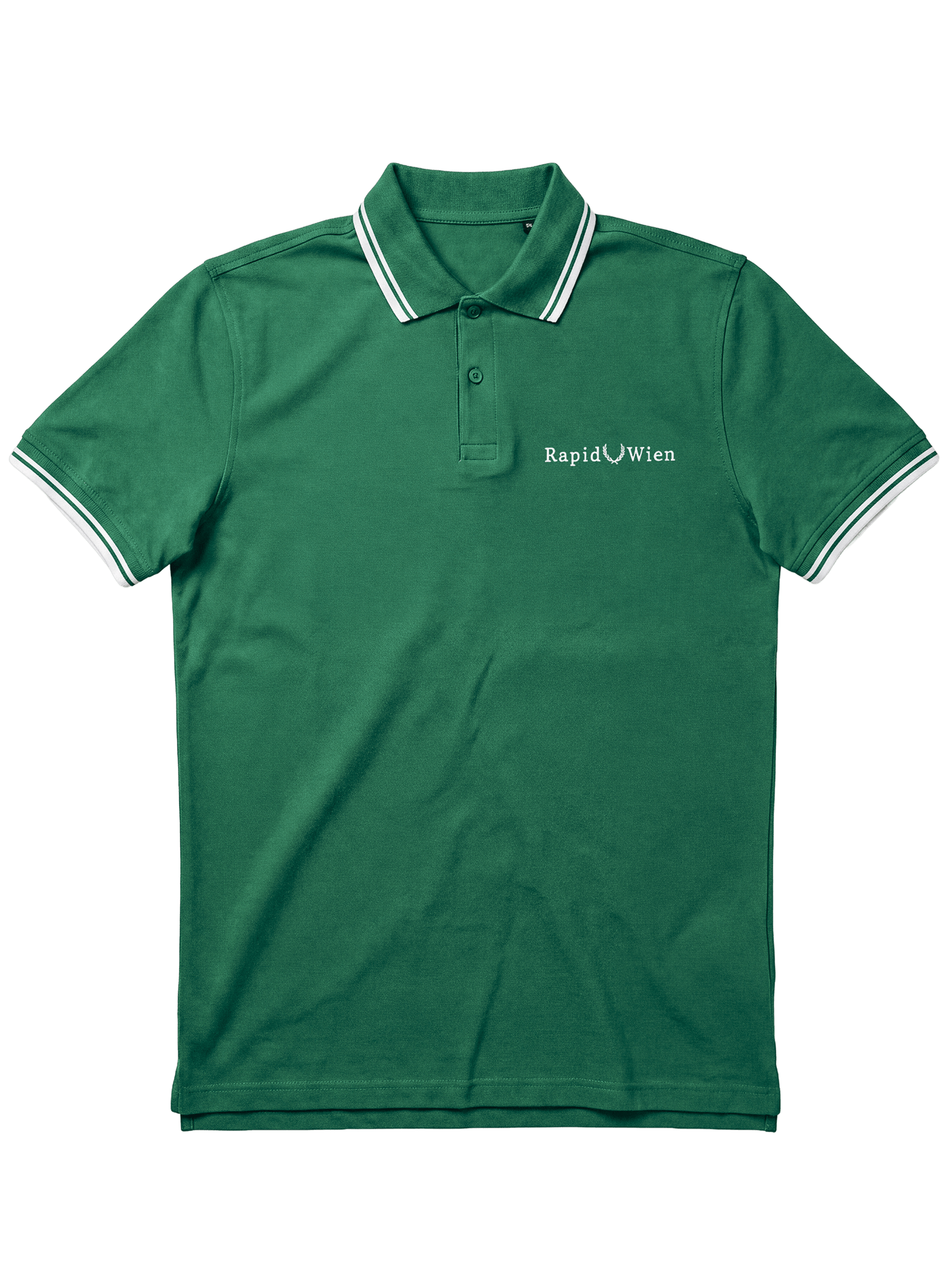 Grünes SK Rapid Poloshirt Lorbeer mit weißer Rapid Wien Stickerei und Kontraststreifen.