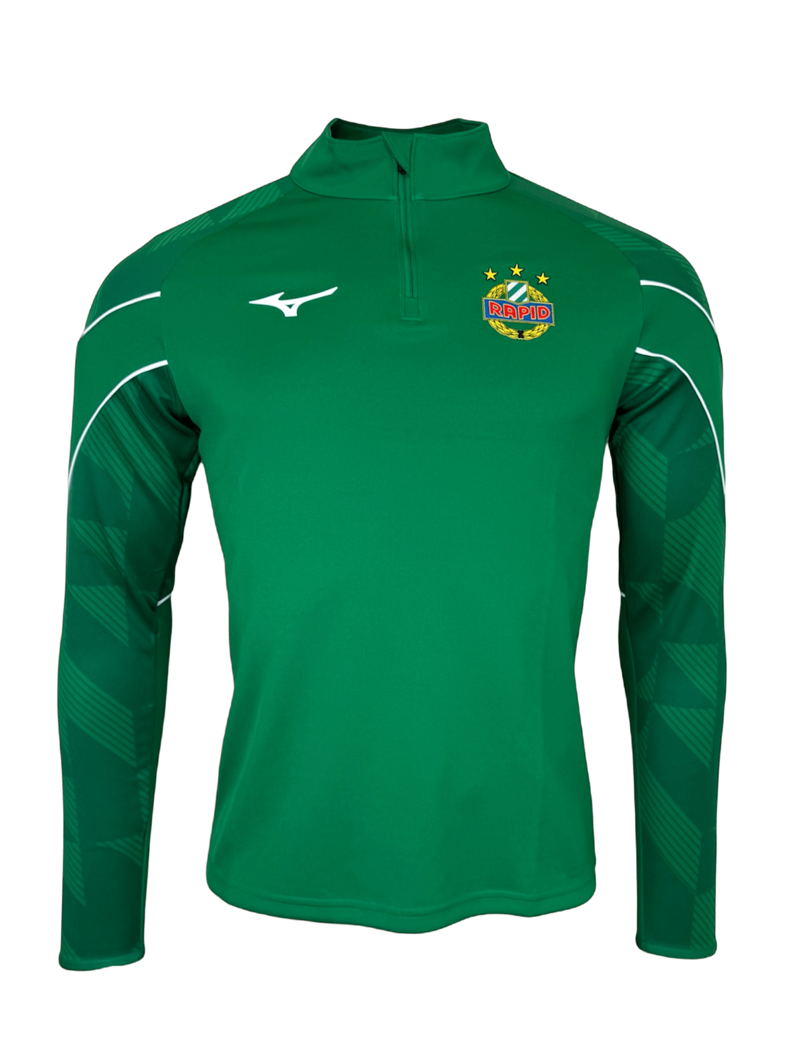 Grüne SK Rapid Trainingsjacke Half-Zip Muster von Mizuno mit Rapid-Wappen und gemusterten Ärmeln.