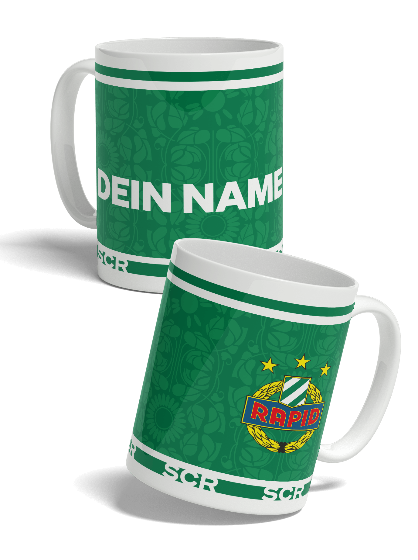 Personalisierbare SK Rapid Tasse in Weiß und Grün mit Rapid-Wappen, Ton-in-Ton-Muster und individuellem Wunschname.