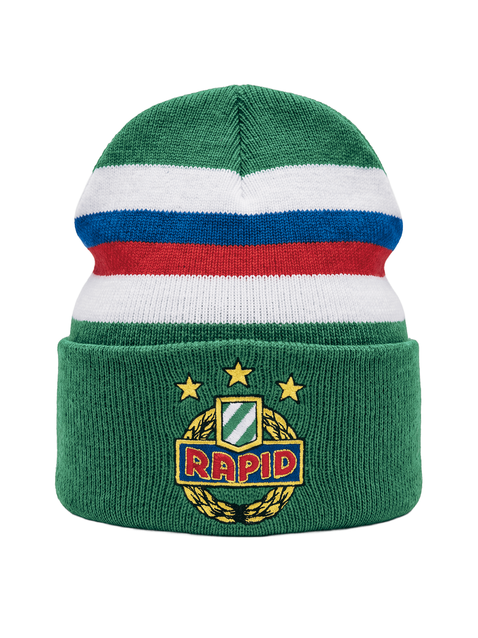 Grüne SK Rapid Kinder-Strickhaube mit gesticktem Wappen und weiß-blau-roten Streifen.