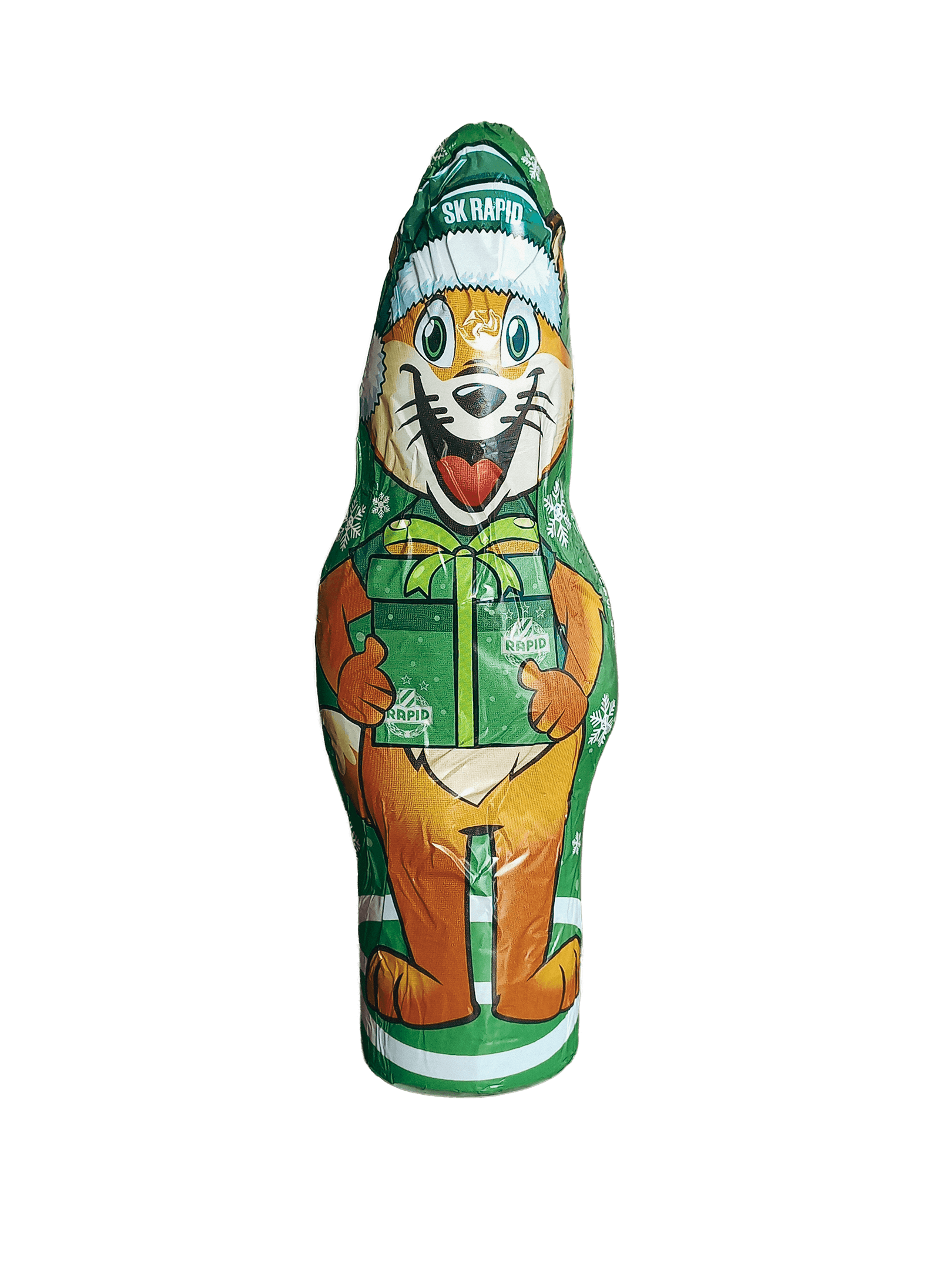 SK Rapid Weihnachts-Fuxiii aus Schokolade in grün-weißer Weihnachtsverpackung